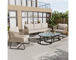 Gutent Loungesets - Verzinkt Ijzer - Touw Set - Verstelbare Voeten - Glad Glas Blad - 5 Delig - Incl Alle Kussens - Beige