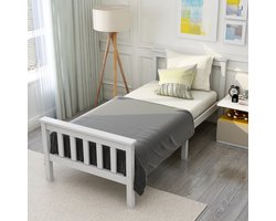 Gutent Massief houten bed, Wit (Zonder matras) , Eenpersoonsbed, Bestaande uit bedframe en lattenbodem, Massief houten bed met hoofdeinde, 90 x 200 cm Massief houten kinderbed, massief grenen tienerbed