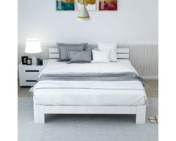 Gutent Massief Houten bed, Wit (Zonder matras), Tweepersoonsbed 200 x 140 cm Massief hout, Tweepersoonsbed bestaande uit bedframe en hoofdbord met lattenbodem, te gebruiken als grenen bed