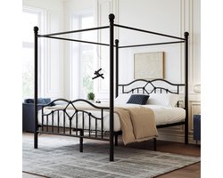 Gutent Metalen bed (Zonder matras), Hemelbed, Gebogen hoofdeinde, Frans minimalistisch, Plat bed, Zwart, 140x200cm