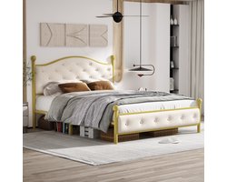 Gutent Modern metalen bed, 140x200 cm, Goud (Zonder matras), Bedframe met lattenbodem, Tweepersoonsbed, bedframe met hoofdeinde, logeerbed, jeugdbed voor slaapkamer, logeerkamer
