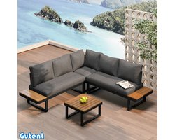 Gutent Ontspanningsset voor in de tuin - Hoekpositie - In hoek verstelbare chaise longue (5 verstellingsniveaus, max. 55°) - Gegalvaniseerde stalen buizen - Bovenblad met teakfineer - Met salontafel - Grijs + Zwart