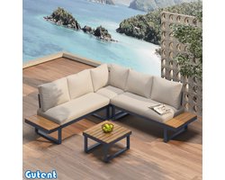 Gutent Ontspanningsset voor in de tuin - Hoekpositie - In hoek verstelbare chaise longue (5 verstellingsniveaus, max. 55°) - Gegalvaniseerde stalen buizen - Bovenblad met teakfineer - Met salontafel - Grijs + Beige
