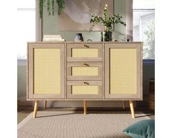 Gutent Opbergkast, Houtkleur, Ladekast met 2 deuren en 3 laden, Rotan Sonoma eik, verstelbare planken, massief houten poten, voor woon- en slaapkamer-120 x 82 x 40 cm (B/H/D)
