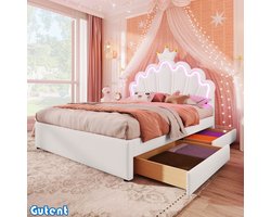 Gutent Princess Bed-140 x 200 cm-Zonder matras-Remote sfeerverlichting-2 laden-Verstelbaar hoofdeinde-PU-Wit