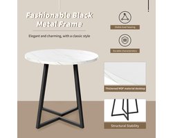 Gutent Ronde Eettafel (1 stuk), Wit/Zwart, MDF-materiaal, Eettafel voor keuken, uniek metalen frame, moderne eettafel met marmerpatroon voor eetkamer, woonkamer