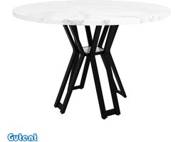 Gutent Ronde eettafel (100 x 100 x 76 cm) - MDF tafelblad - Zwarte poten - Marmer - Wit