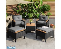 Gutent Rotan balkonset (5 stuks) - acaciahouten bladen - Grijze kussens - 160 kg draagvermogen