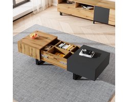 Gutent Salontafel, Boomstam en Antracietgrijs, Multifunctionele Moderne Verschuifbare salontafel met verborgen opbergkast, gemaakt van hoogwaardig hout en metalen steunen, geschikt voor woonkamer en kantoor, eenvoudig te installeren, 155 x 55 x 22 cm