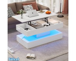 Gutent Salontafel - met LED Verlichting - Verborgen Opbergruimte - met Hydraulisch Hefmechanisme - 100*50*42 cm - Wit