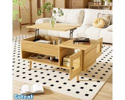 Gutent Salontafel - Opklapbaar tafelblad - Rotan deur - Ruw hout met zwarte accenten - Opbergruimte