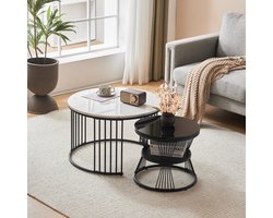 Gutent Salontafel, Set van 2, Zwart + Wit,Zwart Frame , Moderne Nesting Salontafel, Salontafel Set, Hoogglans Tafelblad, Marmerader, Sofa Bijzettafel, Ronde Nesting Salontafel