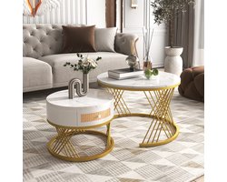 Gutent Salontafel, Wit, 2 in 1, van MDF-materiaal. Rond, marmerkorrel en kunststof rotan laden, massief houten handgrepen, goudkleurige ijzeren poten, 70*70*45,5+50*50*38,5cm