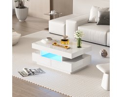 Gutent Salontafel, Wit , Hoogglanzend Oppervlak met LED-strip, Vier laden aan de voor- en achterkant, veel opbergruimte, spaanplaatmateriaal