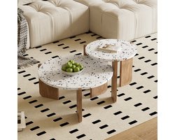 Gutent Salontafel, Wit + Houtkleur, set van 2, Gespikkeld Ontwerp, Bijzettafel, Woonkamer salontafel set, bank bijzettafel en balkon