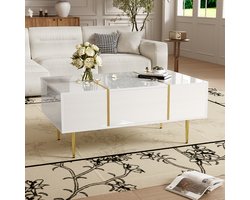 Gutent Salontafel, Wit met Gouden poten, Hoogglans salontafel met 2 laden, Veel opbergruimte, modern minimalistisch