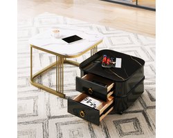 Gutent Salontafel, Witgoud en Zwart, set van 2, Stapelbare salontafel, MDP, Hoogglans marmerlook en glazen blad, zwarte poten, bijzettafel met lade