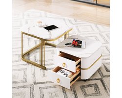 Gutent Salontafel, Wit/Goud, MDF-Materiaal, Stapelbare Salontafel, Hoogglans marmerlook, gouden accenten, bijzettafel met laden.