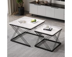 Gutent Salontafel, Zwart Frame, Tweedelige Salontafelset, Vierkante Salontafel 60*60*45 cm en 45*45*40 cm, MDF-materiaal, hoogglans marmerlook, hoogglans combinatie salontafel