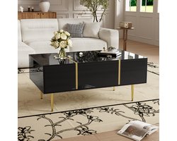 Gutent Salontafel, Zwart met Gouden poten, Hoogglans moderne salontafel, 2 laden met opbergruimte