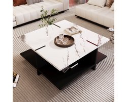 Gutent Salontafel, Zwart Wit design, MDF met Opbergruimte, Vierkante salontafel, modern minimalistisch, wit marmeren look