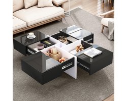 Gutent Salontafel, Zwart, Zwart-Wit Design, Ingebouwd Opbergvak en 4 stevige laden, maximaal draagvermogen 30kg, vierkante hoogglans salontafel , elegante hoogglans salontafel 70*70*35cm