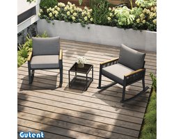 Gutent Set van 3 - Bistroset - Schommelstoel met Snoer - met Glazen Salontafel - met Zitkussen en Rugleuning - Grijs