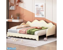 Gutent Slaapbank-90(180)*190cm-2-in-1-Multifunctioneel-met-LED-verlichting-aux-leder-met-lattenbodem-Beige-Zonder-matras