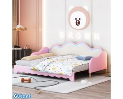 Gutent Slaapbank-90(180)*190cm-2-in-1-Multifunctioneel-met-LED-verlichting-aux-leder-met-lattenbodem-Roze-Zonder-matras