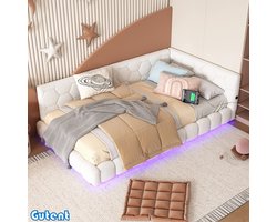 Gutent Slaapbank-90*200 cm-met lattenbodem-Zonder matras-16 kleuren sfeerverlichting-USB-interface-type-C-aux wol-Wit
