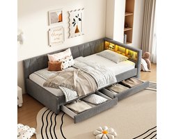 Gutent Slaapbank, Grijs (Zonder matras), 90*200 cm, Opbergvak naast bed, USB+C type, afstandsbediening voor LED sfeerlicht, met twee laden, met lattenbodem, linnen, dagbed