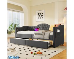 Gutent Slaapbank - met Oplaadfunctie - 2 laden - 90x190 cm - Grijs linnen (Matras niet inbegrepen)