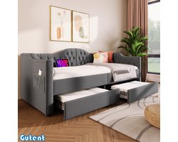 Gutent Slaapbank - met Oplaadfunctie - 2 laden - 90x200 cm - Grijs linnen (Matras niet inbegrepen)