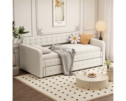 Gutent Slaapbank (Zonder matras), 90*200 cm, Dagbed met onderschuifbed, Extra opbergruimte, Lichtbeige