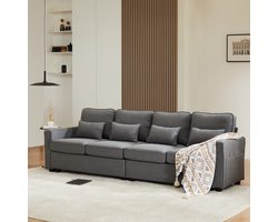 Gutent Sofa, Linnen Stof, 4-zitsbank met Armleuningen, Zakken en 4 kussens, Minimalistische bank, Donkergrijs