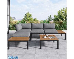 Gutent Tuin Loungeset - 2 Zitters - 2 Bijzettafels - 1 Tafel - Massief Acaciahout - Stoffen Bekleding voor Rugleuning - Grijs