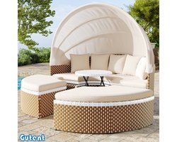 Gutent Tuin Loungestoel Set - Rotan - Shell Look - Intrekbare Luifel - Verhoogd Tafelblad - Beige - Inclusief alle kussens en zitkussens