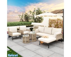 Gutent Tuin loungestoelset - ijzeren frame en beige koord -Beige - twee fauteuils - twee tweezitsbanken en twee tafels (alle kussens inbegrepen)