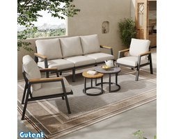Gutent Tuin loungestoelset - met comfortabele kussens - 3-zitsbank - 2 fauteuils en 2 salontafels - Kunststof houten blad - Gegalvaniseerd staal - Beige