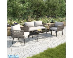 Gutent Tuin loungestoelset - met kussens - 2-zitsbank - 2 fauteuils en salontafel - PE koord in aqua-achtig vlechtwerk - Zwart tafelblad - Gegalvaniseerd staal - Grijs