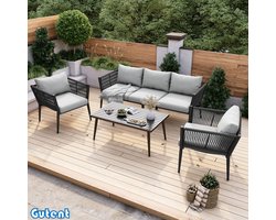 Gutent Tuin loungestoelset - met kussens - 3-zitsbank - 2 fauteuils en salontafel - Gegalvaniseerd staal - Gevlochten touw armleuningen - Met anti-slip kussens - Grijs