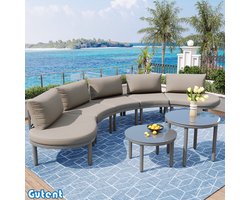 Gutent Tuinmeubelset (5 zits) - 2 salontafels van gehard glas - frame van gegalvaniseerd ijzer - met grijze zitkussens en kussens met verstelbare poten