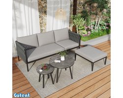 Gutent Tuinmeubelset - Hoekbank - Sofa + 2 salontafels + poef - Rope wicker - Glazen tafel - Grijs