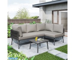 Gutent Tuinmeubelset - IJzer - Grijs Touw - L-vorm - Met Zitkussens - Verstelbare Voeten - 2 Banken en 1 Tafel - Grijs