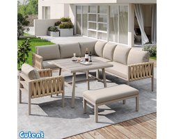 Gutent Tuinmeubelset - Touw - Gegalvaniseerd ijzeren frame - Verstelbare poten - Hoekbank - Gehard glas - Alle zitkussens en kussens inbegrepen - Beige