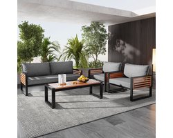 Gutent Tuinmeubilair Set met Gegalvaniseerd IJzeren Frame -4-delige Eettafel -1 2-zits Bank -2 Enkele Stoelen -1 Tafel met Grijs en Houten Decoratieve Armleuningen
