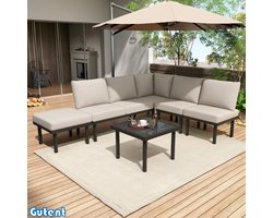 Gutent Tuinstoelenset - Gegalvaniseerd ijzeren frame - Set van 6 - Beige touw - Verstelbare poten - Glazen blad - Inclusief alle zittingen en kussens - Beige - Geen parasol.