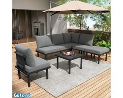 Gutent Tuinstoelenset - Gegalvaniseerd ijzeren frame - Set van 6 - Grijs touw - Verstelbare poten - Glazen blad - Inclusief alle zittingen en kussens - Grijs-Geen paraplu's.