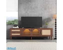 Gutent TV-kast - 2 Rotan laden - 2 gebogen glazen deuren - 1 Rotan deur - LED-verlichting - Bruin