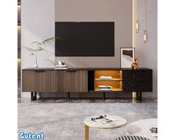 Gutent TV-kast - Zwart - Deuren met donkere houtnerf - Verstelbare LED-verlichting - Twee deuren en twee laden